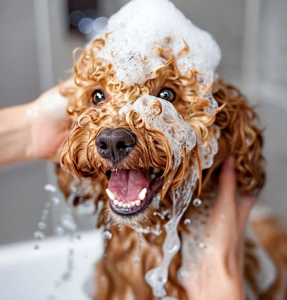 Curly-haired dog covered in shampoo suds during a bath